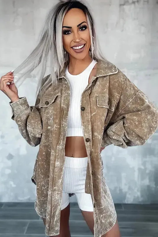 Khaki Vintage Distressed Oversized Shacket-1
