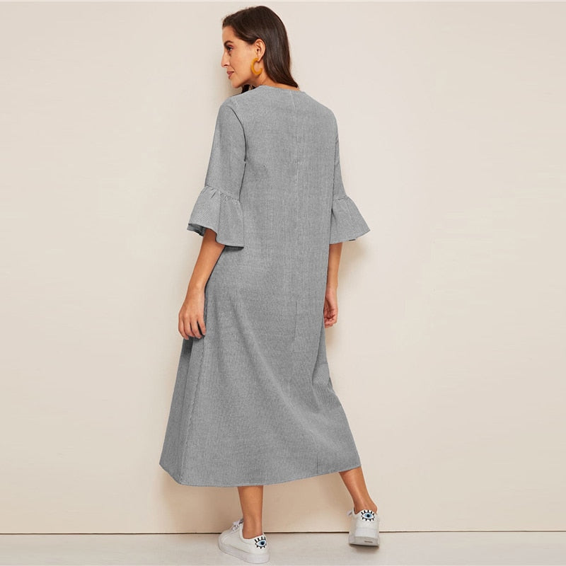 Tassel Tie Neck Embroidered Yoke Boho Striped Dress Women Summer Holiday Drop Waist Flounce Sleeve A Line Long Dresses-2