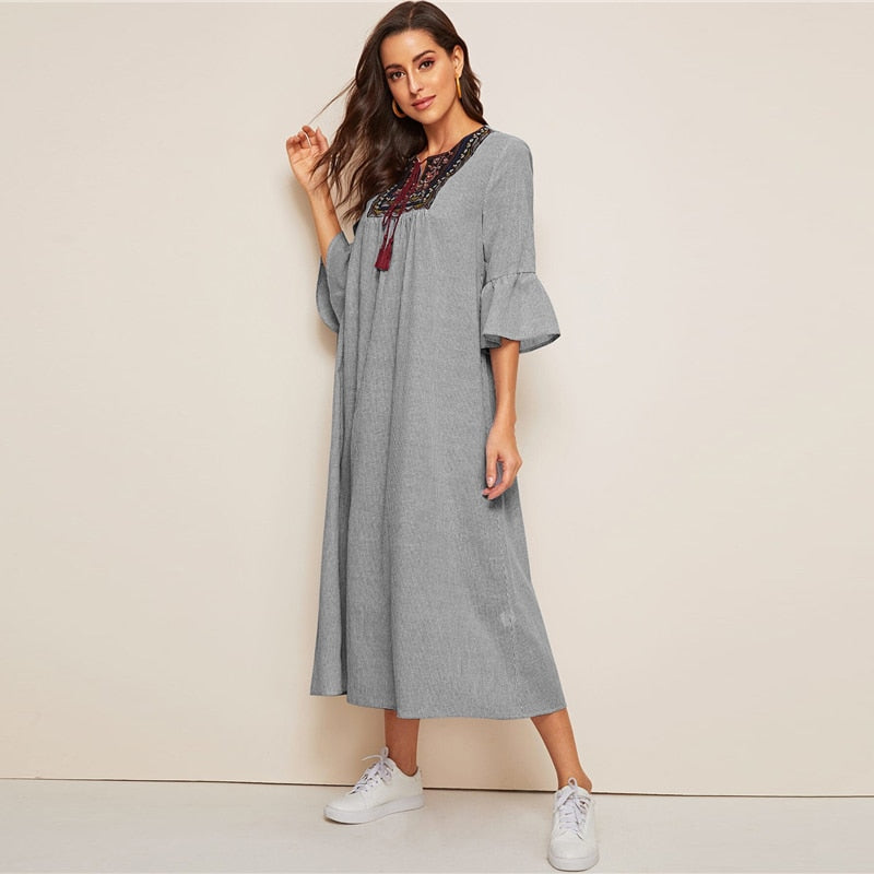 Tassel Tie Neck Embroidered Yoke Boho Striped Dress Women Summer Holiday Drop Waist Flounce Sleeve A Line Long Dresses-1