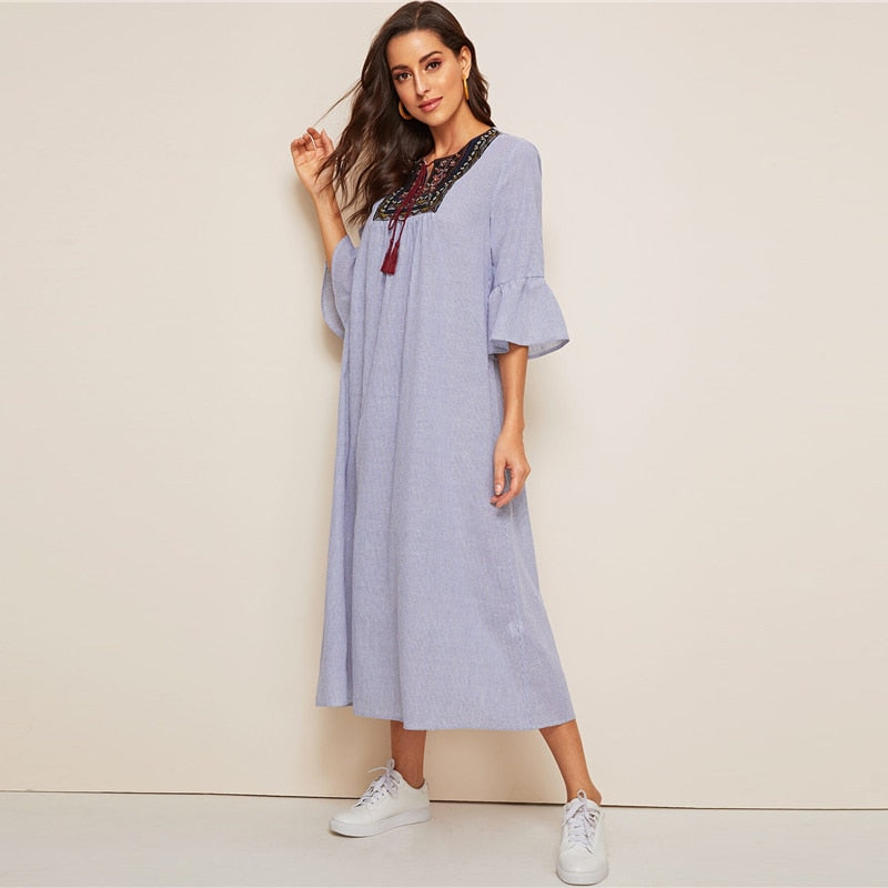Tassel Tie Neck Embroidered Yoke Boho Striped Dress Women Summer Holiday Drop Waist Flounce Sleeve A Line Long Dresses-4