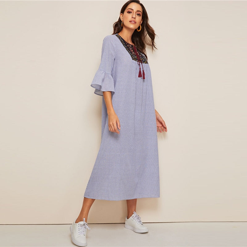 Tassel Tie Neck Embroidered Yoke Boho Striped Dress Women Summer Holiday Drop Waist Flounce Sleeve A Line Long Dresses-3