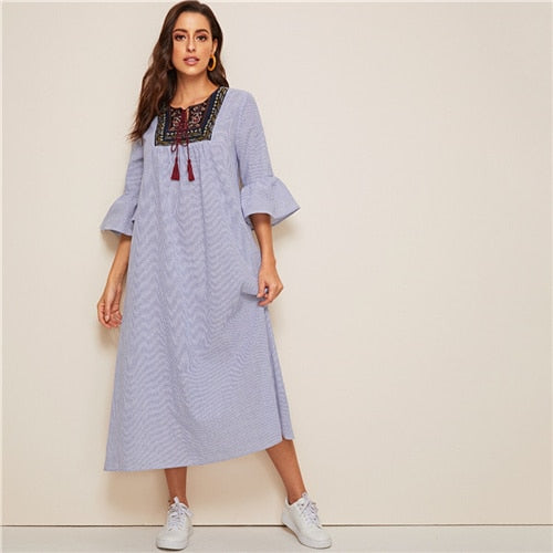 Tassel Tie Neck Embroidered Yoke Boho Striped Dress Women Summer Holiday Drop Waist Flounce Sleeve A Line Long Dresses-5