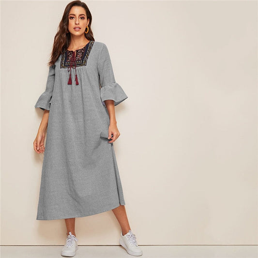 Tassel Tie Neck Embroidered Yoke Boho Striped Dress Women Summer Holiday Drop Waist Flounce Sleeve A Line Long Dresses-0