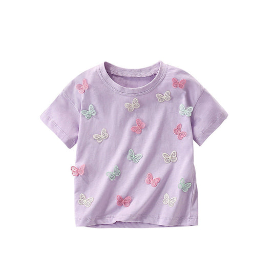 Summer Girls’ Butterfly Pattern Decorated T-shirt in European and American Style-0